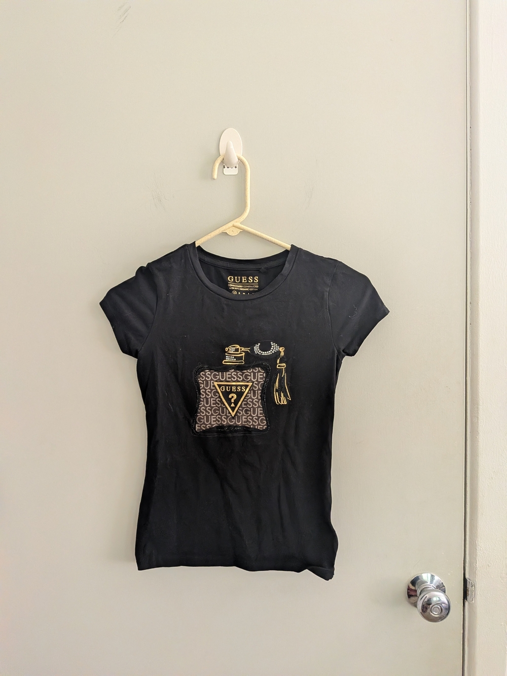 GUESS Women's XS Black Tee Gold Perfume Bottle Graphic Luxury Metallic